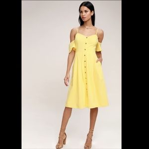 Lulu's I’ve Got Love Yellow Off The Shoulder Midi Dress Button Down Front